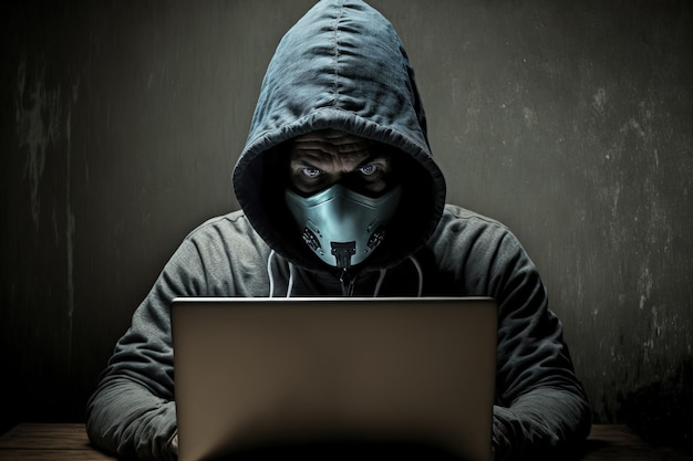 Immagine composita di hacker che utilizza il laptop per rubare l'identità