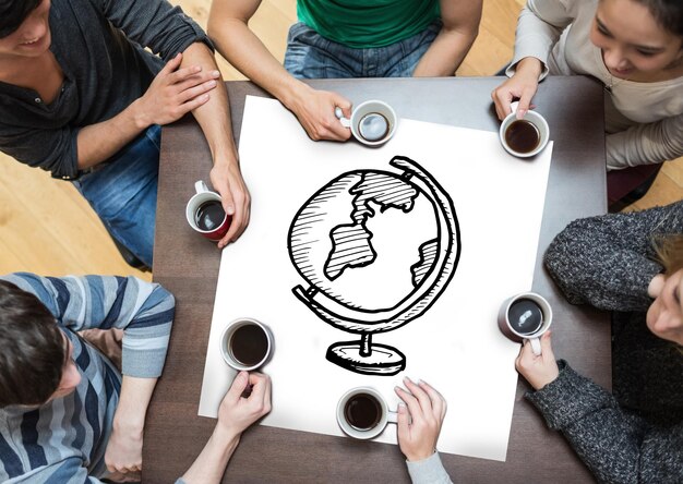 Immagine composita di persone sedute intorno al tavolo a bere caffè
