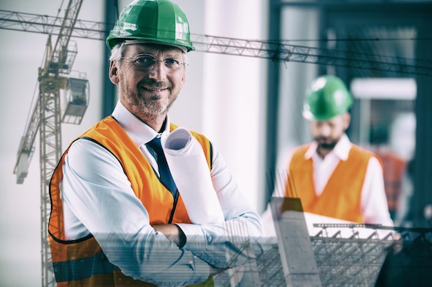 Immagine composita di uomini che tengono piani sul cantiere edile