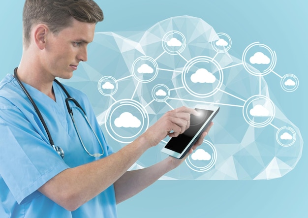 Immagine composita digitale del medico che utilizza la tavoletta digitale contro le icone del cloud computing