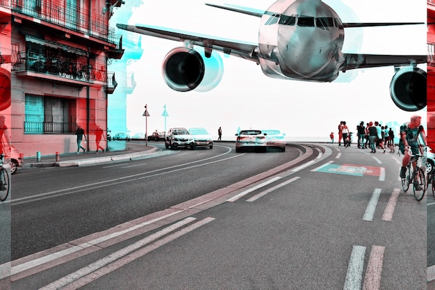 Immagine composita digitale di aerei e edifici in città