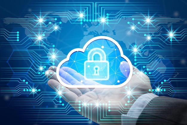 Immagine composita digitale di un uomo con la mano che tiene un cloud computing e un lucchetto