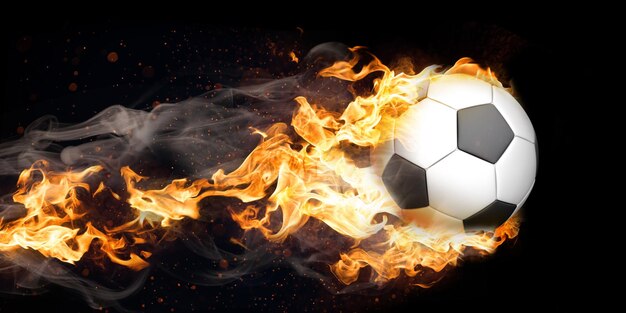 Immagine composita digitale di una palla da calcio in fiamme in movimento su uno sfondo nero