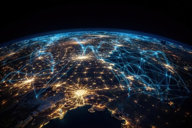 Immagine concettuale della terra dallo spazio linee di connessione big data internet vpn