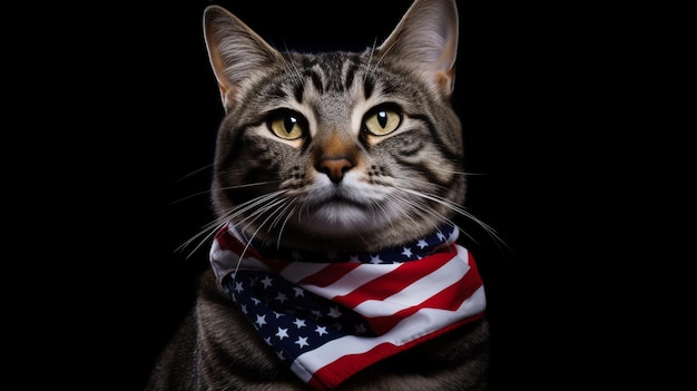 Immagine concettuale di Happy 4th of July con un gatto americano che indossa una bandana patriottica Generative AI