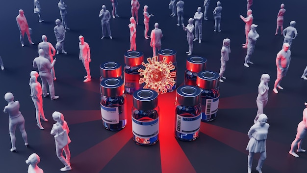 Immagine concettuale di prevenzione della diffusione di virus tra il pubblico con il rendering 3d dei vaccini