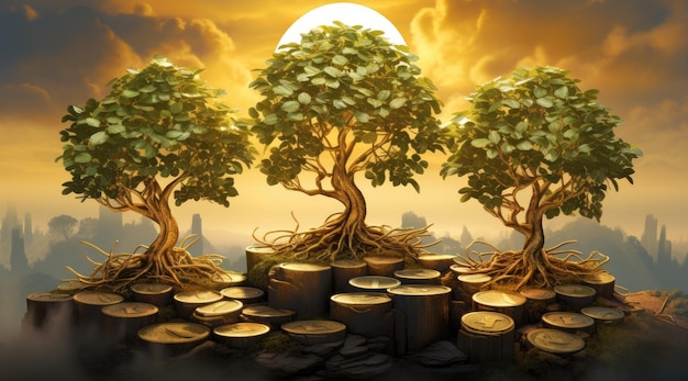 Immagine concettuale di un albero del denaro che cresce da una pila di monete