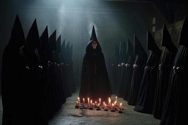 Immagine concettuale di una donna in costume nero della morte con candele al buio Una riunione di una società segreta che trama una cospirazione Generata dall'AI