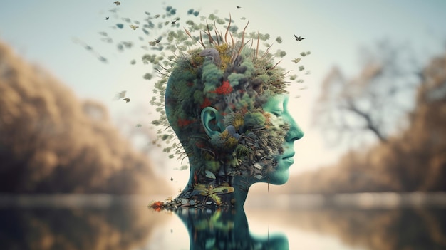 Immagine concettuale di una testa umana con cervello colorato e foglie autunnali concetto di salute mentale