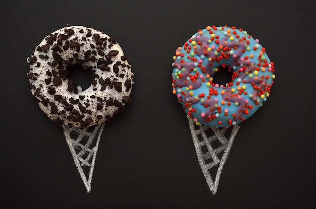 Immagine creativa di due ciambelle su una lavagna sotto forma di gelato