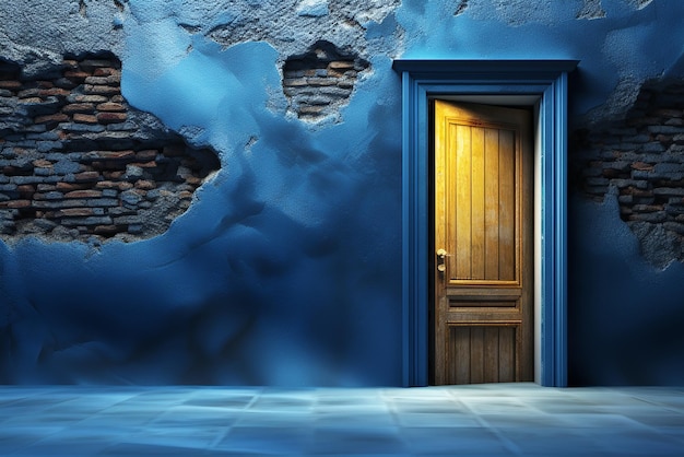 Immagine creativa vecchia porta di legno su sfondo muro vintage in colore blu neon