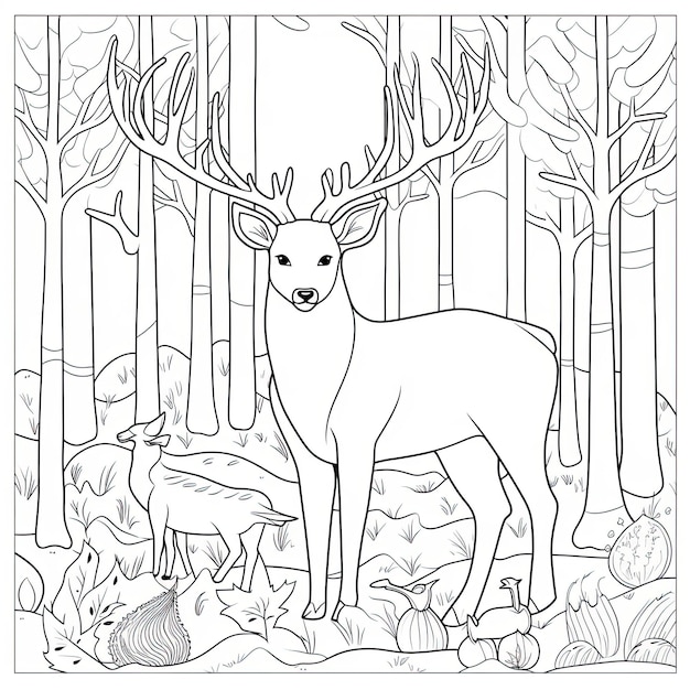 Immagine da colorare in bianco e nero di animali nella foresta