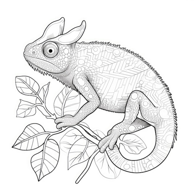 Immagine da colorare in bianco e nero di un camaleonte