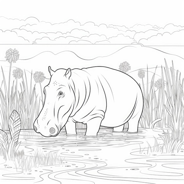 Immagine da colorare in bianco e nero di un ippopotamo