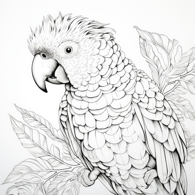 Immagine da colorare in bianco e nero di un pappagallo