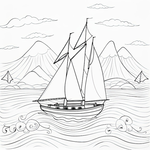 Immagine da colorare in bianco e nero di una barca per il turismo estremo