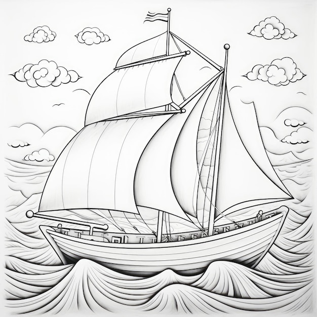 Immagine da colorare in bianco e nero di una barca sul mare