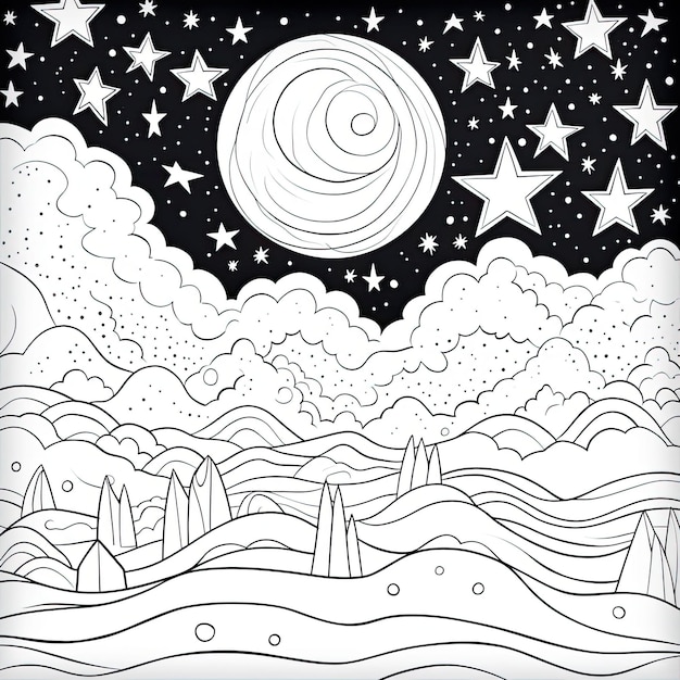 Immagine da colorare in bianco e nero di una magica polvere di stelle