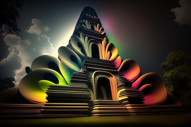 immagine dai colori vivaci di un tempio con un'ai generativa di luce arcobaleno