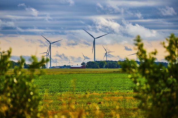 Immagine del campo delle turbine eoliche nel campo dell'azienda agricola con nuvole morbide