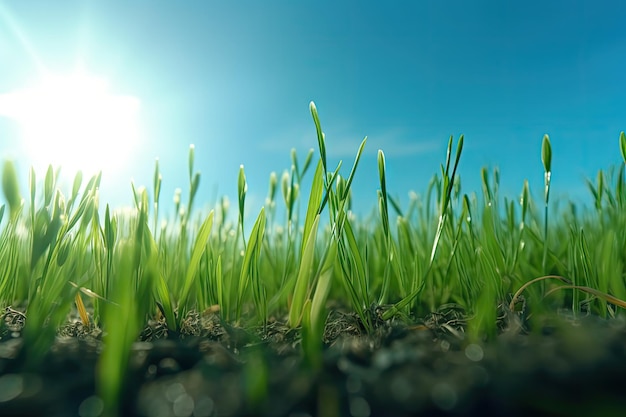 Immagine del campo di grano Vista su spighe fresche di grano verde giovane e sulla natura in primo piano del campo primaverile estivo Con spazio libero per il testo su uno sfondo di cielo sfocato morbido