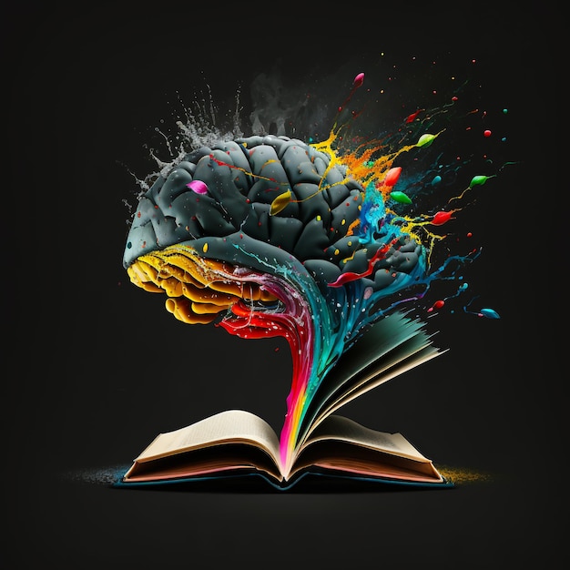 Immagine del cervello umano in spruzzi colorati che levitano su un libro aperto Concetto di educazione all'apprendimento della psicologia della salute mentale