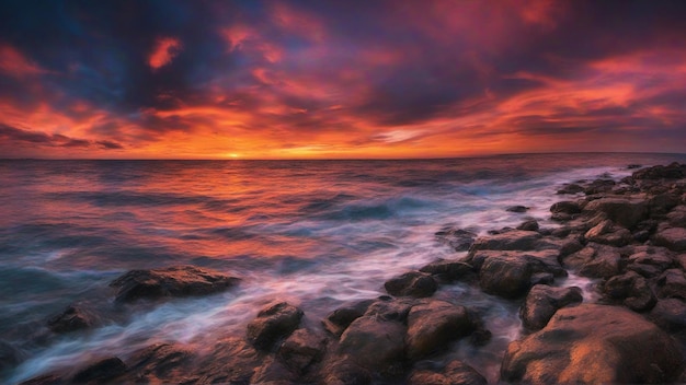 immagine del cielo colorato e vibrante con le onde dell'oceano di fronte e il sole che tramonta sullo sfondo