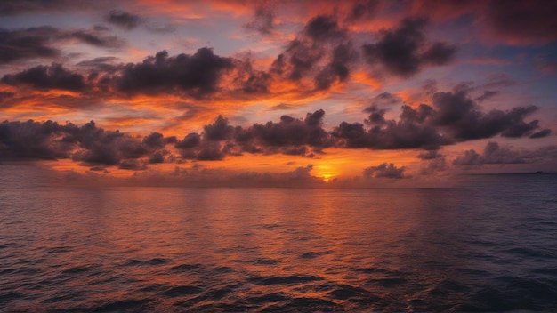 immagine del cielo colorato e vibrante con le onde dell'oceano di fronte e il sole che tramonta sullo sfondo