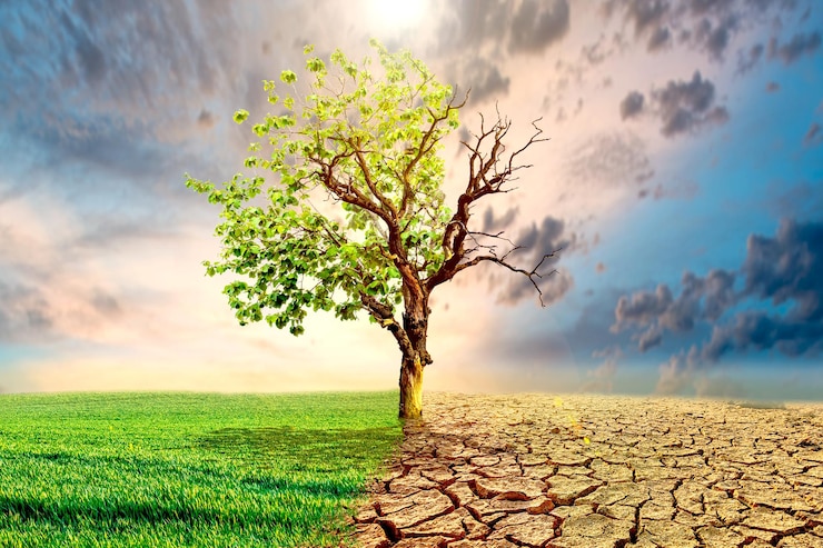Immagine del concetto di riscaldamento globale che mostra gli effetti della terra secca sul cambiamento dell'ambiente degli alberi Il concetto di cambiamento climatico Il concetto ambientale e il riscaldamento mondiale I grandi alberi vivono e muoiono