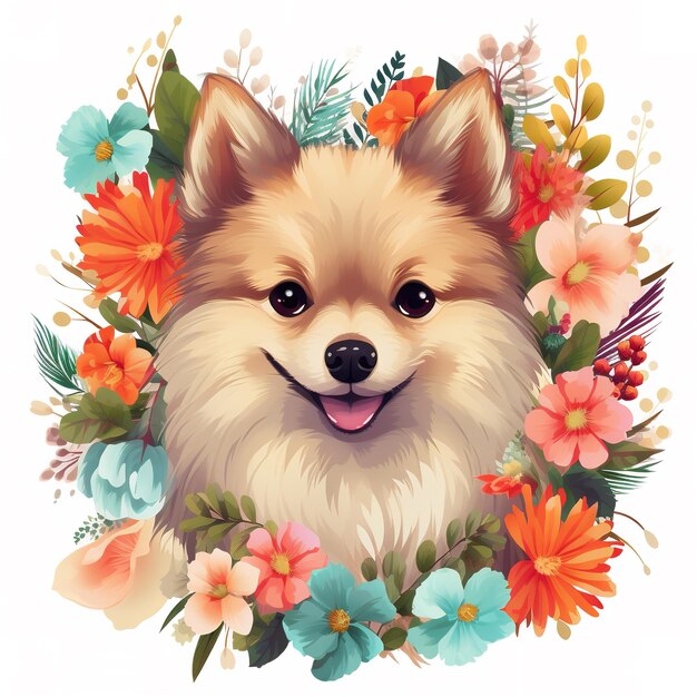 Immagine del design del motivo con cane pomerania e fiori e foglie Animali da compagnia Illustrazione AI generativa