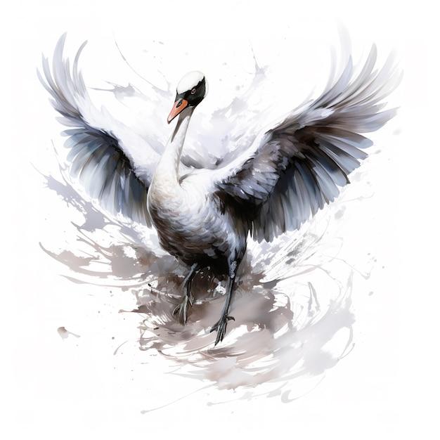 Immagine del disegno di un cigno che spiega le ali su sfondo bianco Uccello Fauna selvatica Animali Illustrazione Generative AI