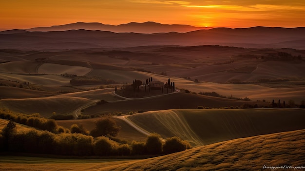 Immagine del percorso in montagna con un bel tramonto IA generativa