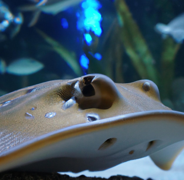 Immagine del primo piano del pesce stingray con dettagli che nuotano sott'acqua