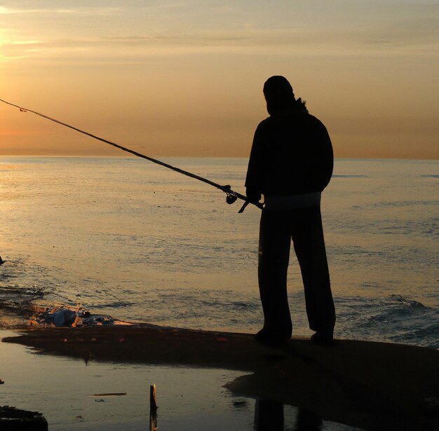 Immagine del primo piano dell'uomo che tiene la canna da pesca contro il tramonto via mare