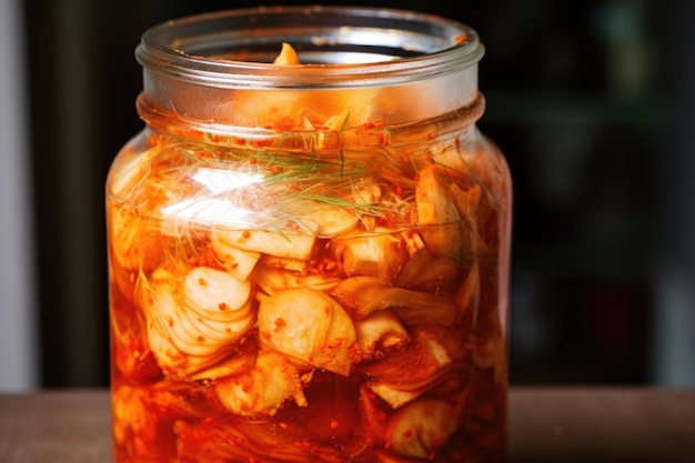 Immagine del processo di fermentazione del kimchi in un barattolo di vetro trasparente