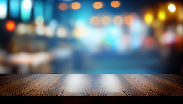 Immagine del tavolo di legno davanti allo sfondo sfocato astratto delle luci del ristorante Ai generativo