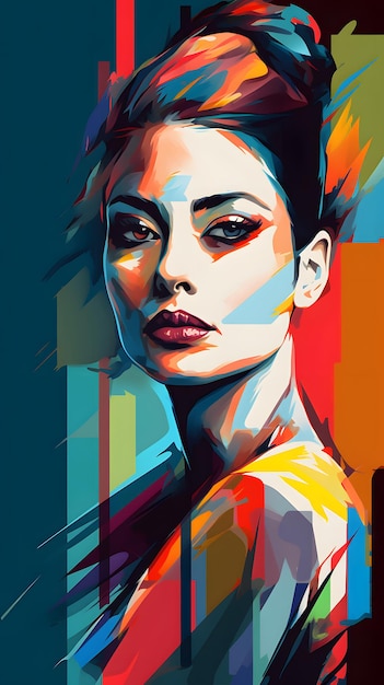 Immagine del volto di una donna con linee colorate sullo sfondo IA generativa