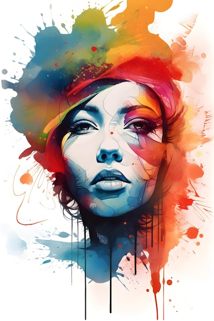 Immagine del volto di una donna con schizzi di vernice colorata IA generativa