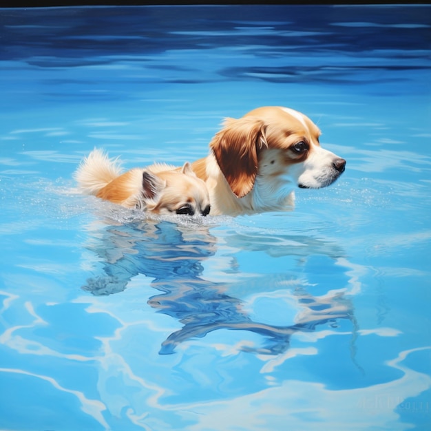 Immagine dell'acqua della piscina blu cielo che nuota con il cane carino Arte generata dall'intelligenza artificiale