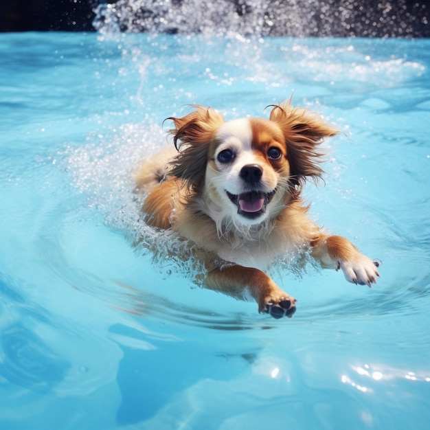 Immagine dell'acqua della piscina blu cielo che nuota con il cane carino Arte generata dall'intelligenza artificiale