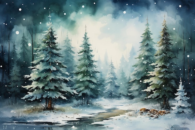 Immagine dell'acquerello dell'albero di Natale retrò stile cartolina AI generativa