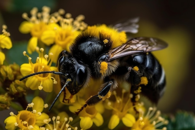 Immagine dell'ape mellifera che succhia il nettare su un fiore giallo su sfondo naturale Insetto generativo ai