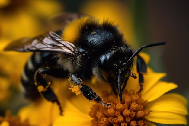 Immagine dell'ape mellifera che succhia il nettare su un fiore giallo su sfondo naturale Insetto generativo ai