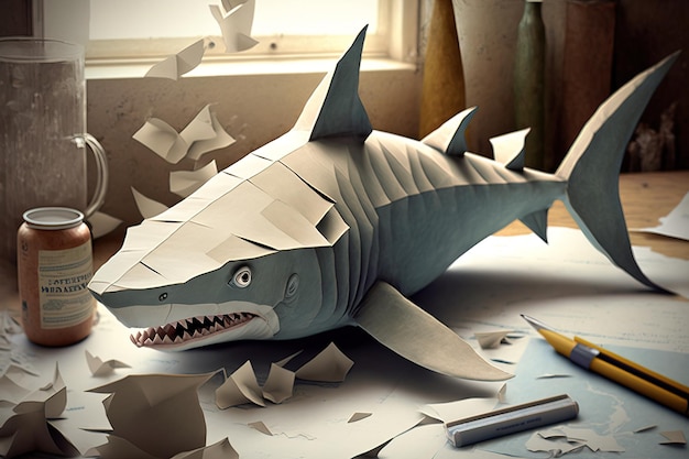 Immagine dell'arte di origami di carta Squalo di carta fatto a mano Animali subacquei Illustrazione di animali AI generativa
