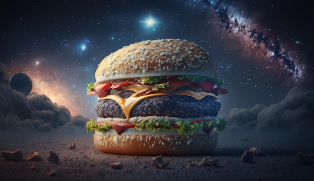 Immagine dell'hamburger nell'intelligenza artificiale generativa del fondo della nebulosa dell'universo