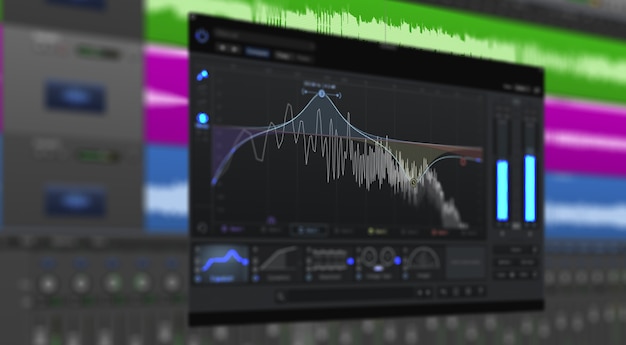 Immagine dell'onda audio multitraccia sul monitor. Registrazione, missaggio e mastering in studio.