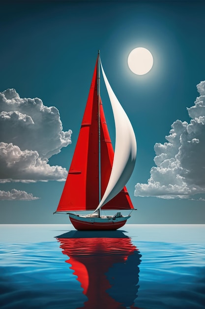 Immagine della barca a vela rossa sul mare sopra il sole e il cielo blu creata utilizzando la tecnologia generativa ai