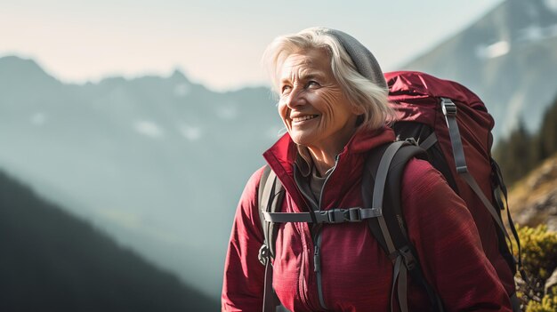 immagine della donna anziana matura che fa un'escursione sulle montagne