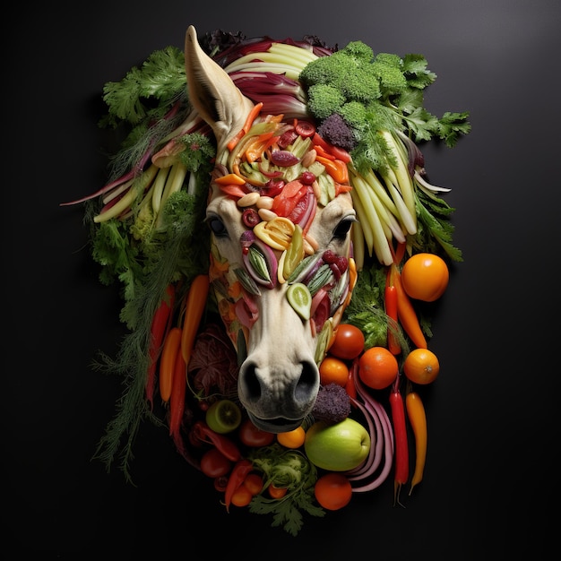 Immagine della faccia di cavallo realizzata con frutta e verdura su sfondo pulito Illustrazione di animali selvatici AI generativa