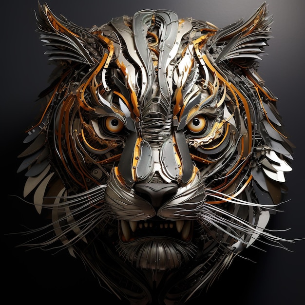 Immagine della faccia di tigre realizzata con acciaio e vari metalli su sfondo pulito Illustrazione di animali della fauna selvatica IA generativa